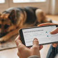 Nahaufnahme auf Hände am Smartphone beim Ändern des Lieferintervalls oder Abos, schäferhund unscharf im Hintergrund